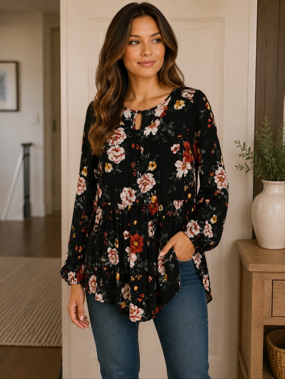 Women's Black Floral Long-Sleeve Blouse - Casual Peplum Top